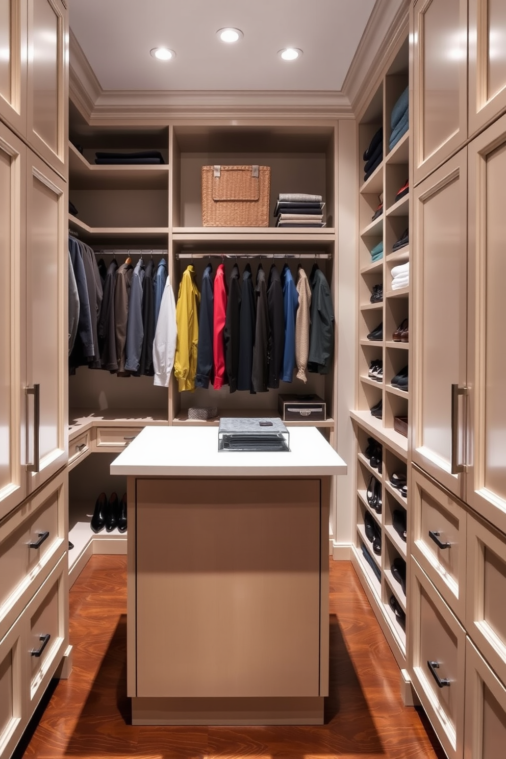 A stylish shoe wall featuring multiple shelves arranged in an asymmetrical pattern. The shelves are made of natural wood, showcasing a variety of footwear in an organized and visually appealing manner. Incorporate a dedicated space for accessories with small bins and hooks for bags and belts. The walls are painted in a soft neutral tone to enhance the overall brightness of the walk-in closet.