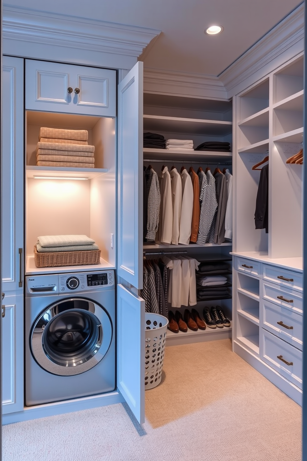 A luxurious walk-in closet designed for optimal organization. The space features custom shelving units and drawers, providing ample storage for shoes, clothing, and accessories. A small fridge for beverages is discreetly integrated into the cabinetry. Soft lighting illuminates the space, highlighting the elegant finishes and creating a welcoming atmosphere.