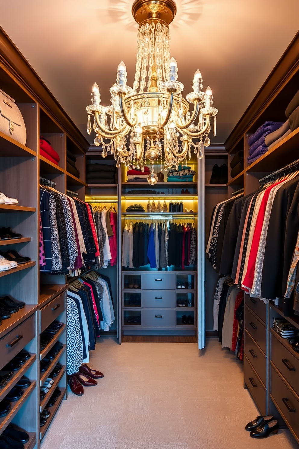 A luxurious walk-in closet featuring an elegant statement chandelier that casts a warm glow over the space. The closet is organized with custom shelving, shoe racks, and hanging areas, showcasing a variety of clothing and accessories in a visually appealing manner.