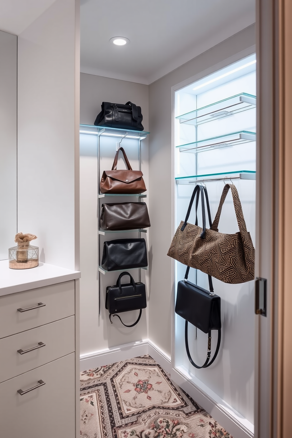 A stylish walk-in closet features wall-mounted racks for bags, providing easy access and an organized look. The space is illuminated by soft lighting, highlighting the elegant design and making it a functional yet chic area for storage.