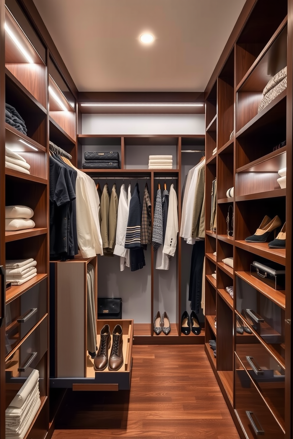 A spacious walk-in closet features a sleek design with ample shelving and hanging space. The highlight is a pull-out pant hanger installed on one side, providing easy access and organization for trousers. Soft lighting illuminates the closet, enhancing the rich wood finishes and elegant decor. Thoughtfully arranged accessories and shoes complete the organized look, making it both functional and stylish.