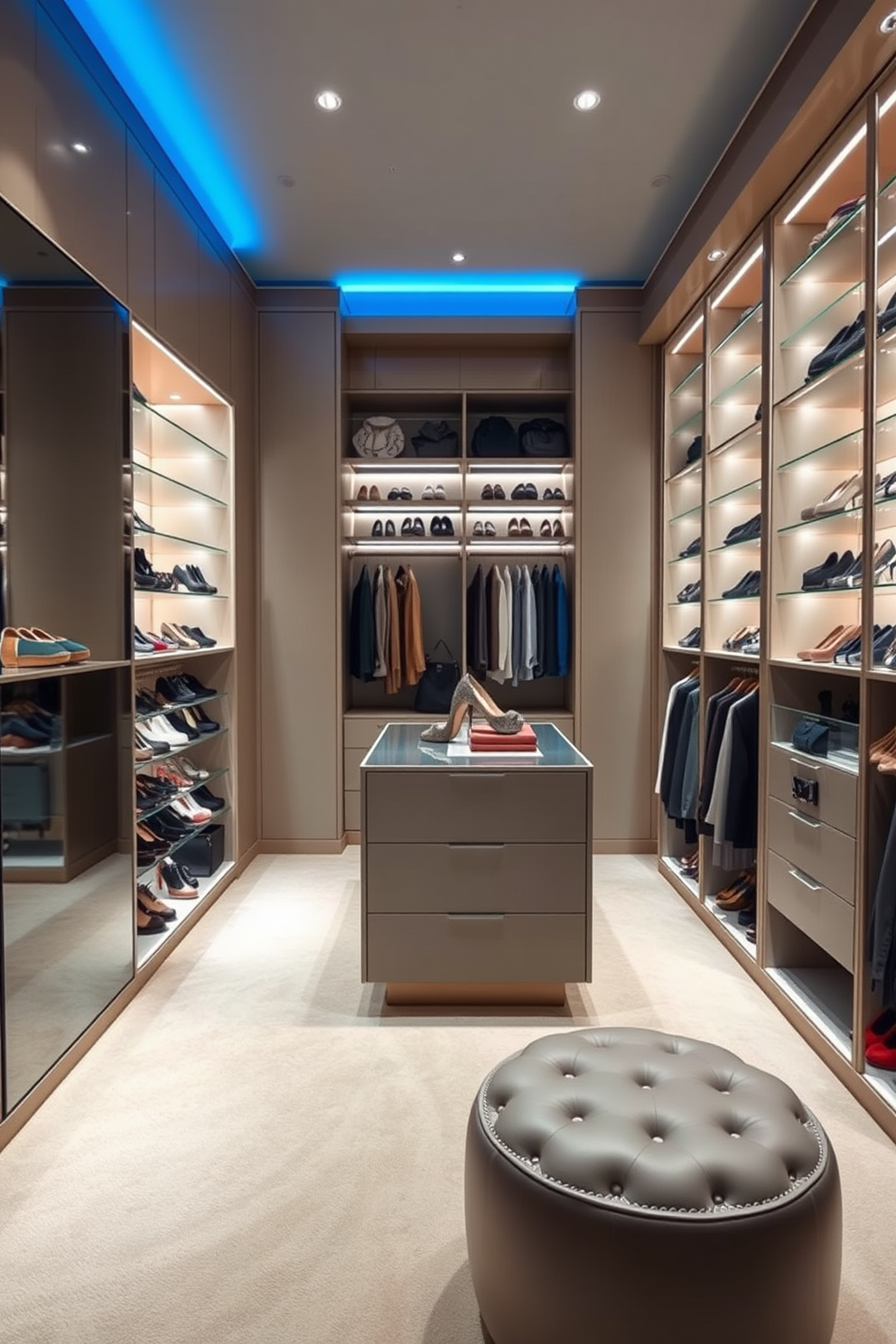 A luxurious walk-in closet featuring a sleek shoe display rack that showcases an array of designer footwear. The walls are adorned with soft ambient lighting, and the floor is covered with a plush carpet in a neutral tone for added comfort. Incorporate custom shelving units for organized storage of clothing and accessories, with a stylish island in the center for folding and displaying items. Elegant mirrors line one wall, enhancing the sense of space and reflecting the beautiful arrangement of shoes and garments.