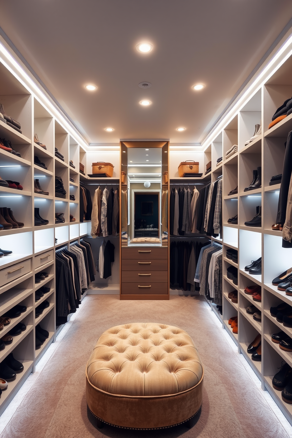 A spacious walk-in closet features custom shelving and hanging rods to maximize storage. Soft LED lighting illuminates the space, highlighting neatly organized shoes and accessories displayed on open shelves. In the center, a plush ottoman provides a comfortable spot for putting on shoes. A full-length mirror is mounted on the back wall, reflecting the stylish design of the closet while enhancing the overall brightness.