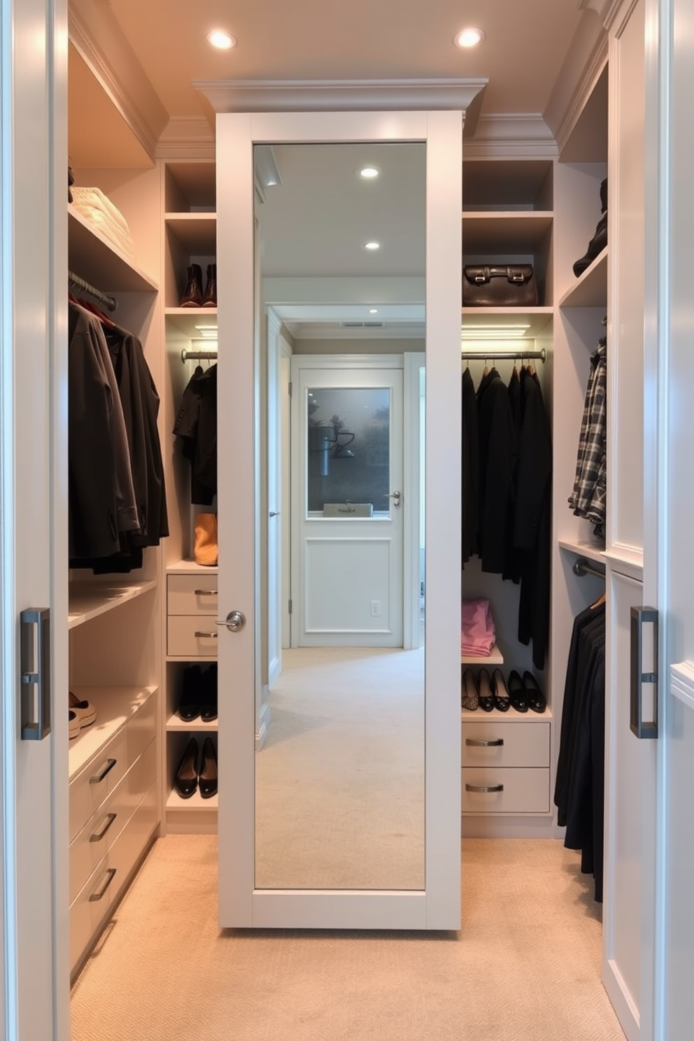 A stylish walk-in closet features custom shelving and hanging spaces to maximize storage efficiency. A plush ottoman sits in the center, providing a comfortable seating area for dressing and organizing outfits.