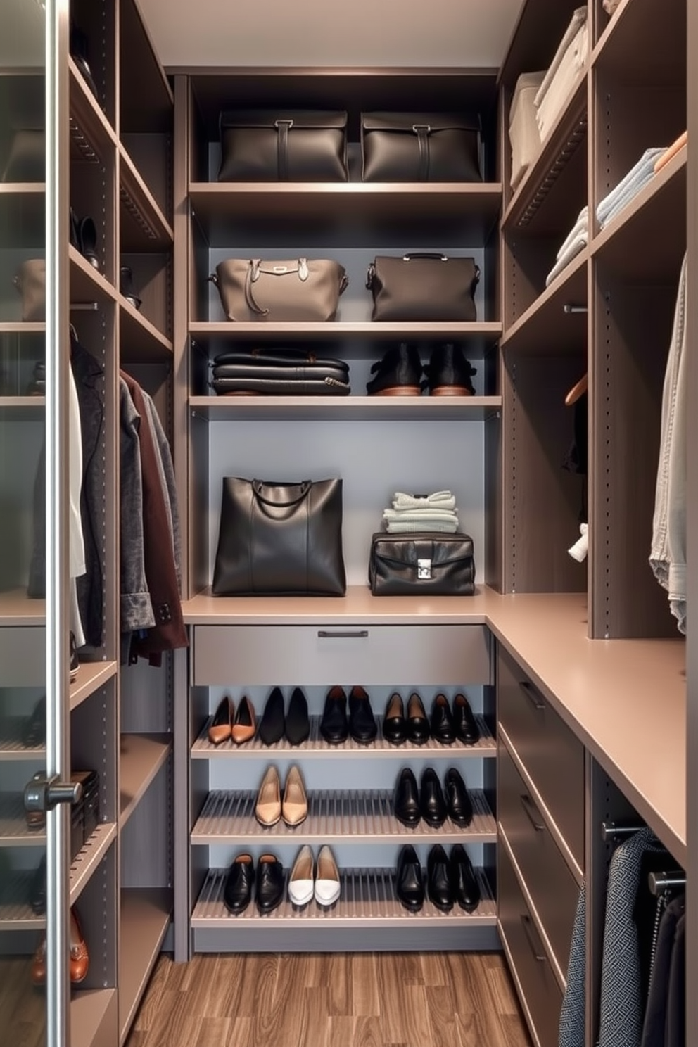 A spacious walk-in closet features custom shelving and hanging rods to maximize storage. Soft lighting illuminates the space, creating a warm and inviting atmosphere while stylish baskets are used for easy organization and storage solutions.