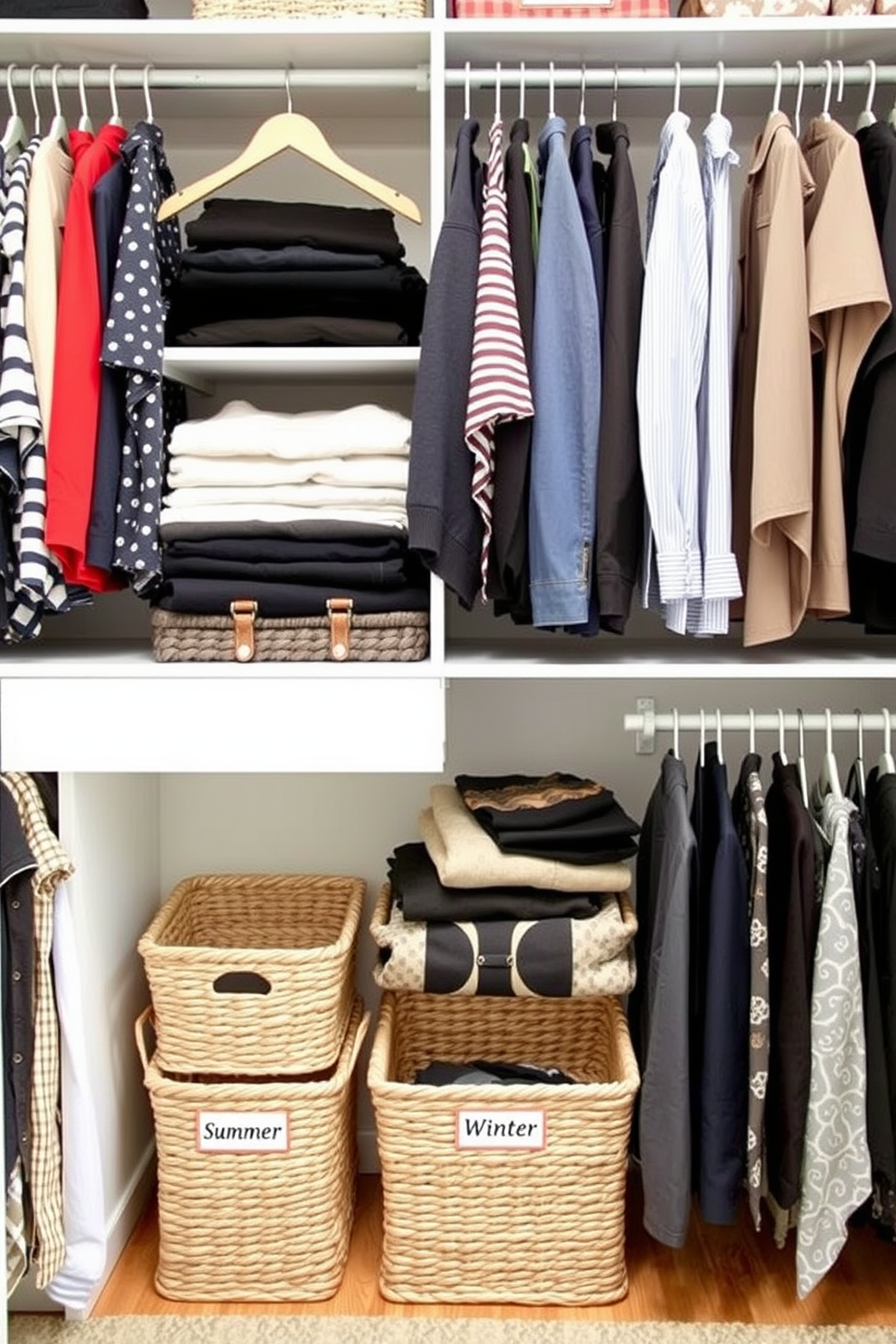 Create a seasonal clothing rotation that maximizes space and accessibility. Include designated sections for summer, winter, and transitional pieces with clear labeling. Incorporate stylish storage solutions such as baskets and hanging organizers. Ensure that frequently used items are easily reachable while seasonal pieces are neatly tucked away.