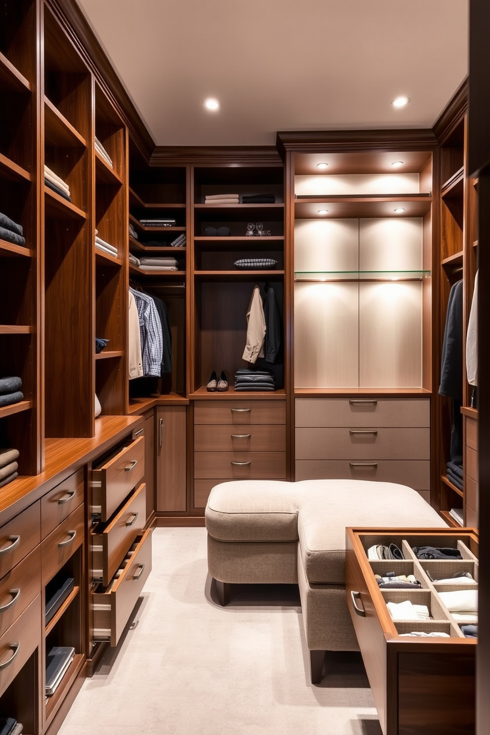 A luxurious walk-in closet featuring custom-built shelving and drawer dividers for accessories. The space is illuminated by soft recessed lighting, highlighting the elegant finishes and organized layout. The closet includes a central island with additional storage and a plush seating area for convenience. Rich wood tones and a neutral color palette create a sophisticated and inviting atmosphere.