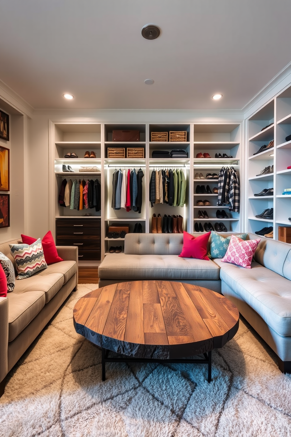 A cozy seating area is designed with a plush sectional sofa in a soft gray fabric, adorned with colorful throw pillows for added comfort. A round coffee table made of reclaimed wood sits in the center, surrounded by a soft area rug that adds warmth to the space. The walk-in closet features custom shelving and hanging spaces, maximizing storage efficiency while maintaining an organized look. Elegant lighting fixtures illuminate the area, highlighting neatly arranged shoes and accessories for a luxurious feel.