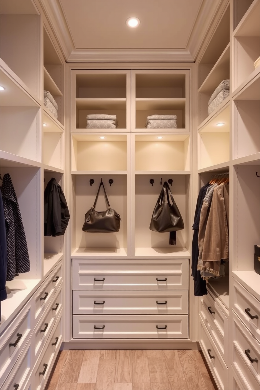 A spacious walk-in closet featuring elegant built-in shelves and drawers for organized storage. Hooks for bags and scarves are strategically placed on the walls, adding functionality and style to the space.