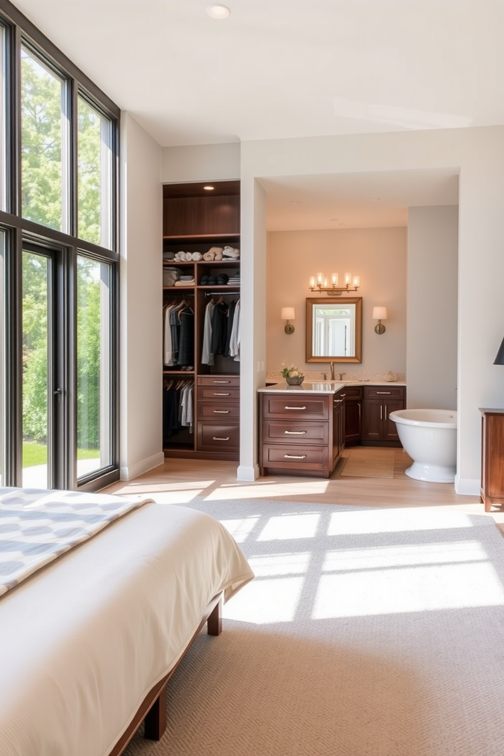 Spacious layout with natural light. The room features large windows that allow sunlight to flood in, creating a warm and inviting atmosphere. Walk-In-Closet with Bathroom Design Ideas. The closet includes custom shelving and a central island for accessories, seamlessly connecting to a luxurious bathroom with a freestanding tub and elegant fixtures.