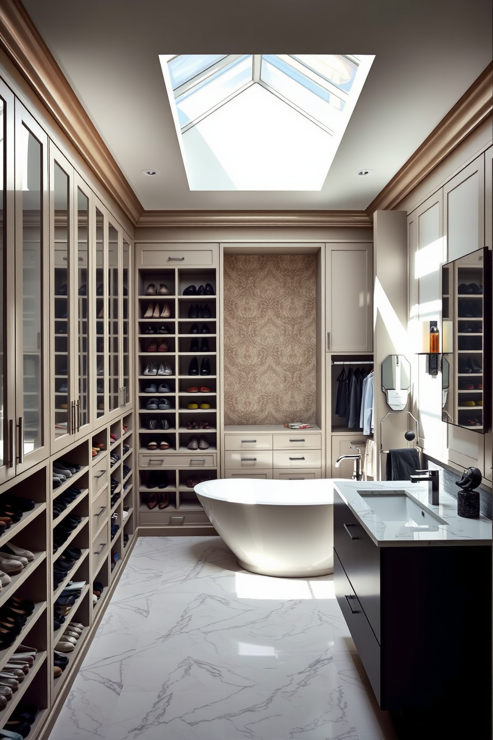 A luxurious walk-in closet featuring a skylight that floods the space with natural light. The walls are lined with elegant cabinetry and shelving, showcasing an organized collection of shoes and accessories. Adjacent to the closet, a stylish bathroom area includes a freestanding soaking tub beneath the skylight. The bathroom is designed with marble flooring and a sleek double vanity, creating a seamless transition between the two spaces.