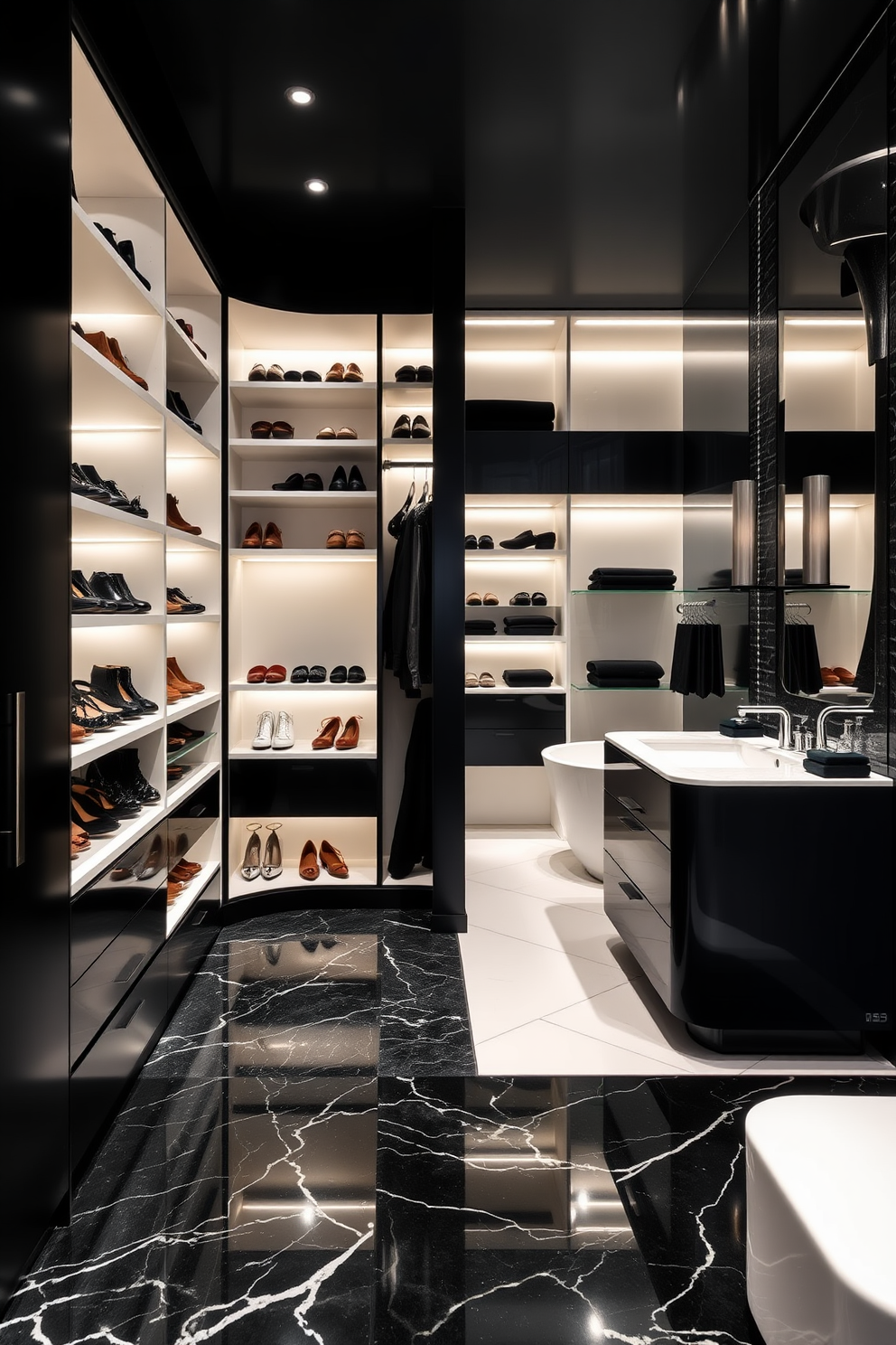 A chic walk-in closet features sleek black cabinetry and white shelving that beautifully contrasts with the black marble flooring. Soft lighting illuminates the space, highlighting the organized rows of shoes and accessories, creating a luxurious atmosphere. Adjacent to the closet is a stylish bathroom designed in a black and white color scheme. The freestanding soaking tub sits on a white tiled platform, while a modern black vanity with a white countertop provides ample storage and elegance.