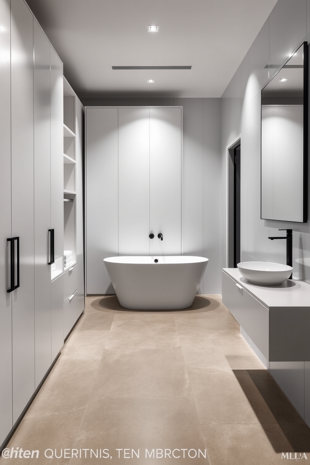 A minimalist walk-in closet features sleek cabinetry with a matte white finish and integrated lighting that highlights the organized space. The flooring is a polished concrete, providing a modern touch, while a large, frameless mirror reflects the simplicity of the design. Adjacent to the closet, the bathroom showcases a freestanding soaking tub with a matte black faucet. The walls are adorned with large format white tiles, and a floating vanity with a single vessel sink offers a touch of elegance with its minimalist aesthetic.