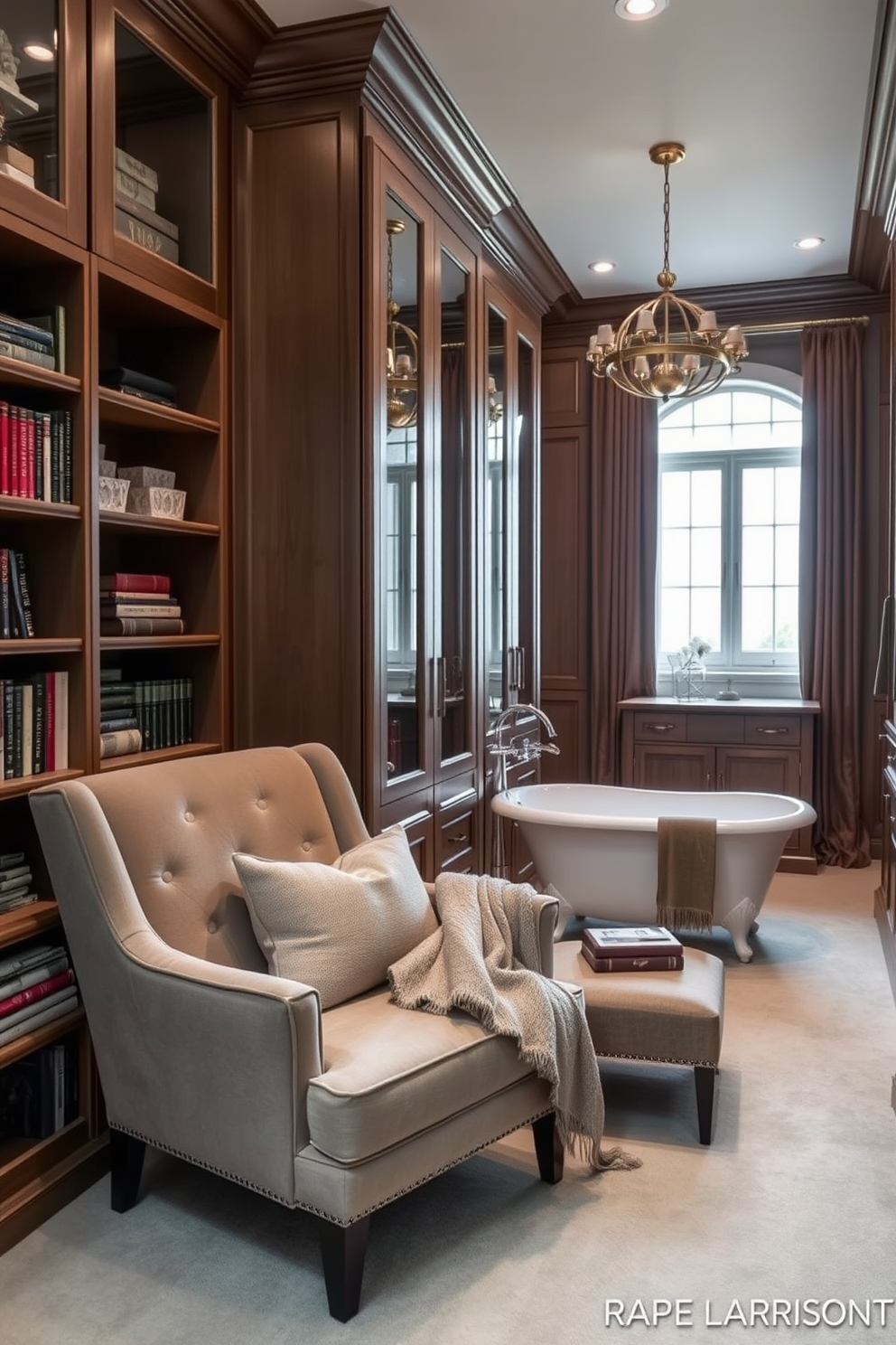 Cozy reading nook in closet area. A plush armchair is nestled in the corner with a soft throw blanket draped over it, surrounded by built-in shelves filled with books and decorative items. Walk-In-Closet with Bathroom Design Ideas. The spacious walk-in closet features elegant cabinetry with glass doors, while a luxurious freestanding bathtub is positioned near a window, creating a serene oasis for relaxation.