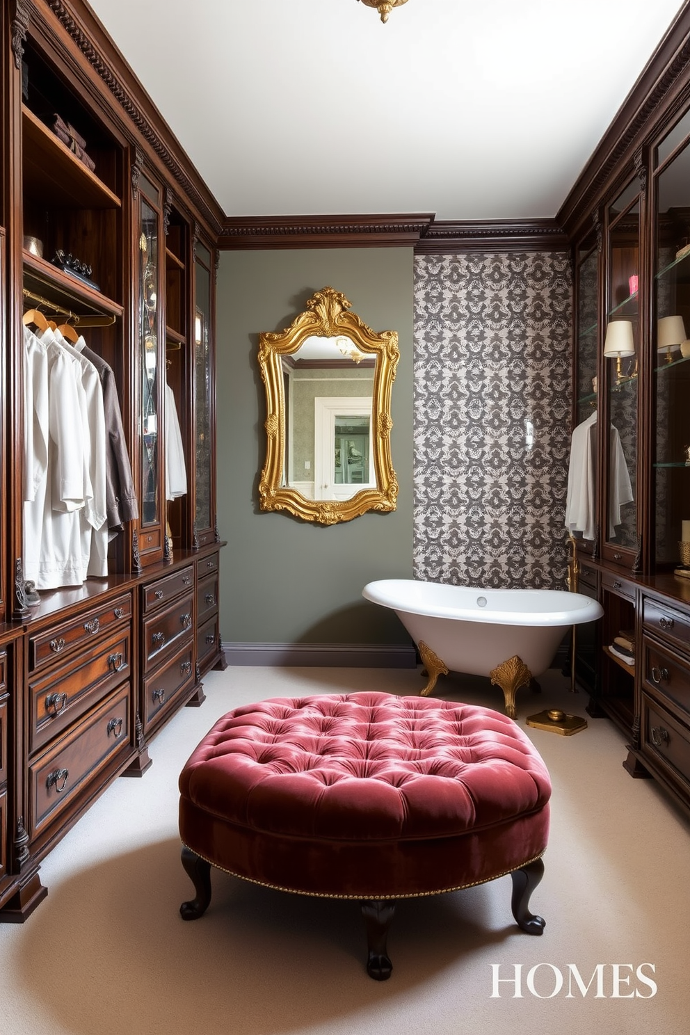 A luxurious walk-in closet featuring vintage accents that exude a classic charm. The space includes ornate wooden shelving and a plush velvet ottoman in the center, complemented by a large gilded mirror reflecting the elegant atmosphere. Adjacent to the closet, a beautifully designed bathroom showcases a freestanding clawfoot tub surrounded by intricate tile work. Antique brass fixtures and soft lighting create a warm and inviting ambiance, perfect for relaxation.