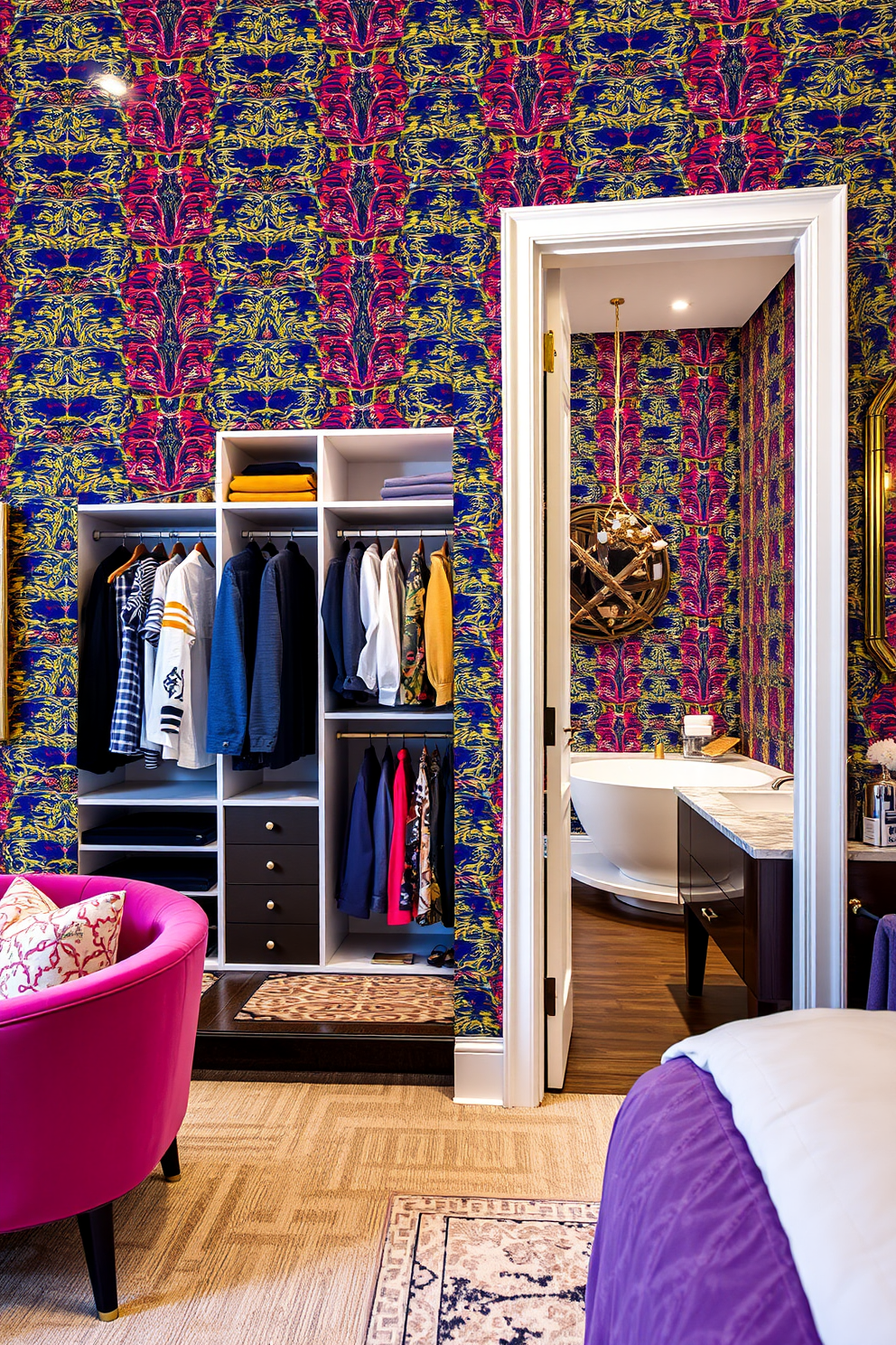 A bold wallpaper design features vibrant colors and intricate patterns, creating a striking statement wall that draws the eye. The surrounding space is complemented by elegant furnishings that enhance the overall aesthetic. The walk-in closet is spacious and well-organized, showcasing custom shelving and hanging areas for clothing and accessories. Adjacent to the closet, the bathroom design includes a luxurious soaking tub and a stylish vanity with modern fixtures, providing a seamless transition between spaces.