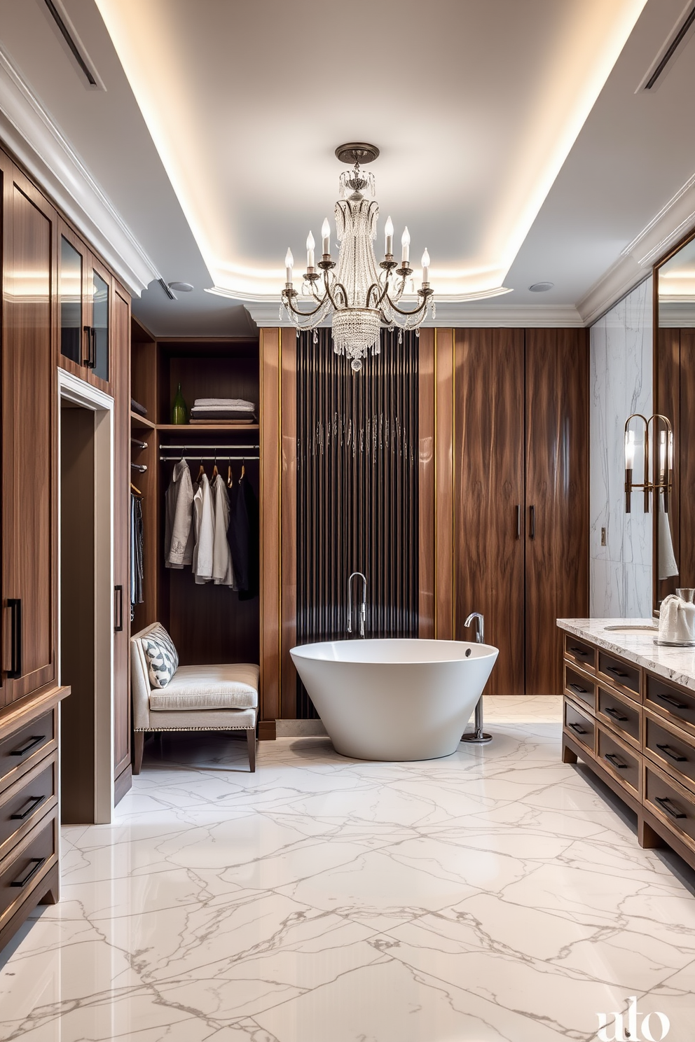 A luxurious walk-in closet seamlessly transitions into an elegant bathroom. The closet features custom cabinetry with soft-close drawers and a plush seating area, while the bathroom showcases a freestanding soaking tub and a stunning chandelier above. The bathroom is adorned with marble tiles that flow from the closet, creating a cohesive look. A double vanity with stylish fixtures and ample storage complements the spacious layout, enhancing the overall sophistication of the design.