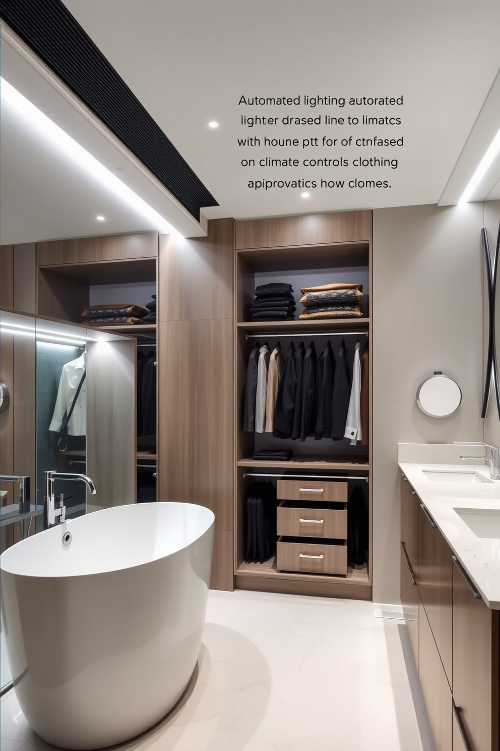 A modern walk-in closet seamlessly integrated with smart home technology. The space features automated lighting that adjusts based on occupancy, along with climate control for optimal clothing preservation. The closet is adorned with sleek cabinetry and a central island for accessories. Adjacent to the closet is a luxurious bathroom with a freestanding soaking tub and a double vanity equipped with touchless faucets.