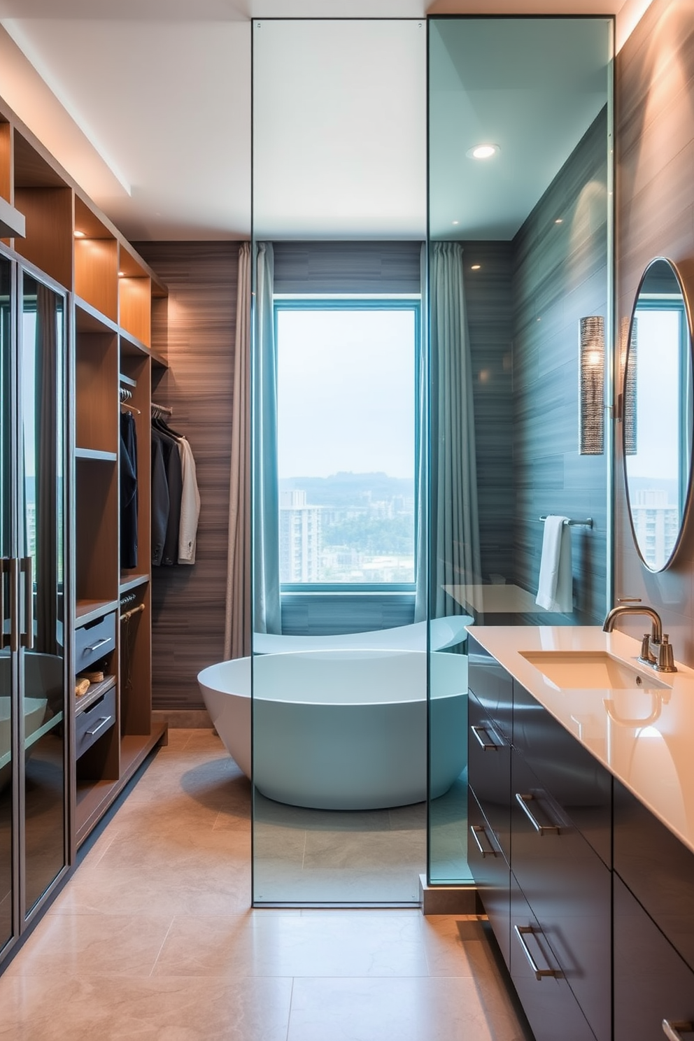 A sleek glass partition separates the walk-in closet from the bathroom, adding a modern touch to the overall design. The closet features custom shelving and elegant lighting, creating a luxurious space for organization and display. The bathroom showcases a freestanding soaking tub positioned under a large window, allowing natural light to flood the space. Stylish fixtures in brushed nickel complement the contemporary aesthetic, while a double vanity with ample storage enhances functionality.