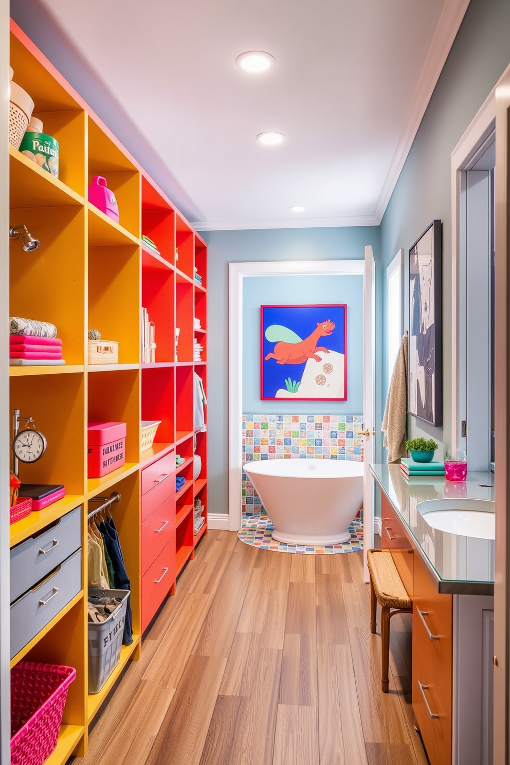 A spacious walk-in closet features vibrant pops of color with bright shelving and accessories that create a playful vibe. The adjoining bathroom showcases a freestanding tub surrounded by colorful tiles and playful art, enhancing the overall cheerful atmosphere.