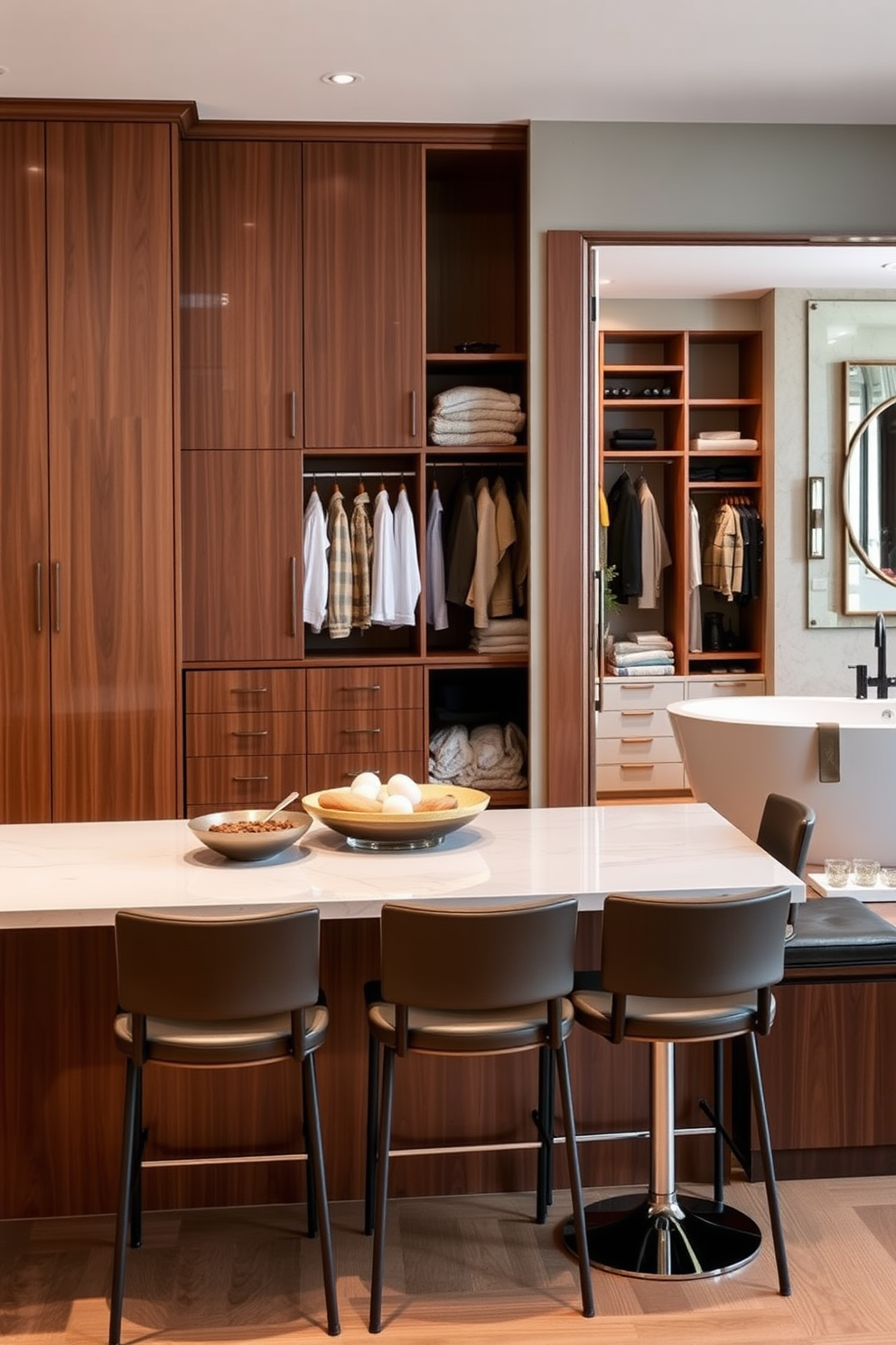 A functional kitchen island features a spacious seating area with stylish bar stools. The island is topped with a sleek quartz countertop and surrounded by warm wood cabinetry. The walk-in closet is designed with ample storage, featuring custom shelving and hanging spaces. Adjacent to the closet, a luxurious bathroom includes a freestanding soaking tub and elegant fixtures.