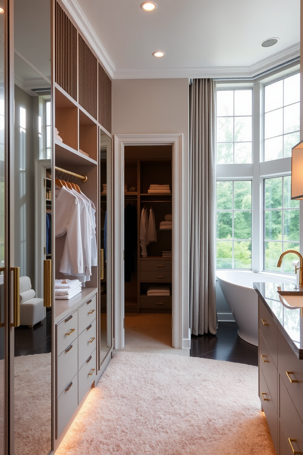 A spacious walk-in closet features open shelving that provides easy visibility for clothing and accessories. The design includes elegant lighting that highlights the organized layout and a plush area rug for added comfort. Adjacent to the closet, the bathroom showcases a modern aesthetic with sleek fixtures and a freestanding tub. Large windows allow natural light to flood the space, enhancing the serene atmosphere.