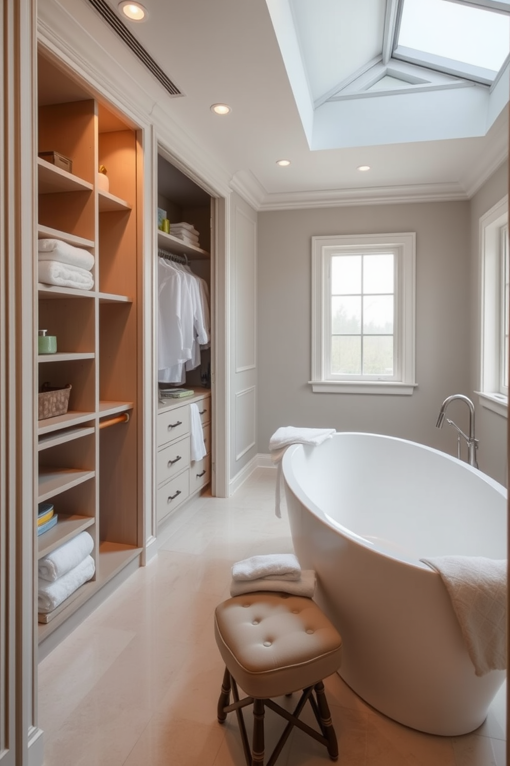 A serene walk-in closet seamlessly transitions into an elegant bathroom space. The closet features custom shelving and soft lighting that creates a relaxing ambiance throughout the area. The bathroom showcases a freestanding soaking tub positioned beneath a large window. Surrounding the tub are plush towels and a stylish stool, enhancing the luxurious feel of the space.