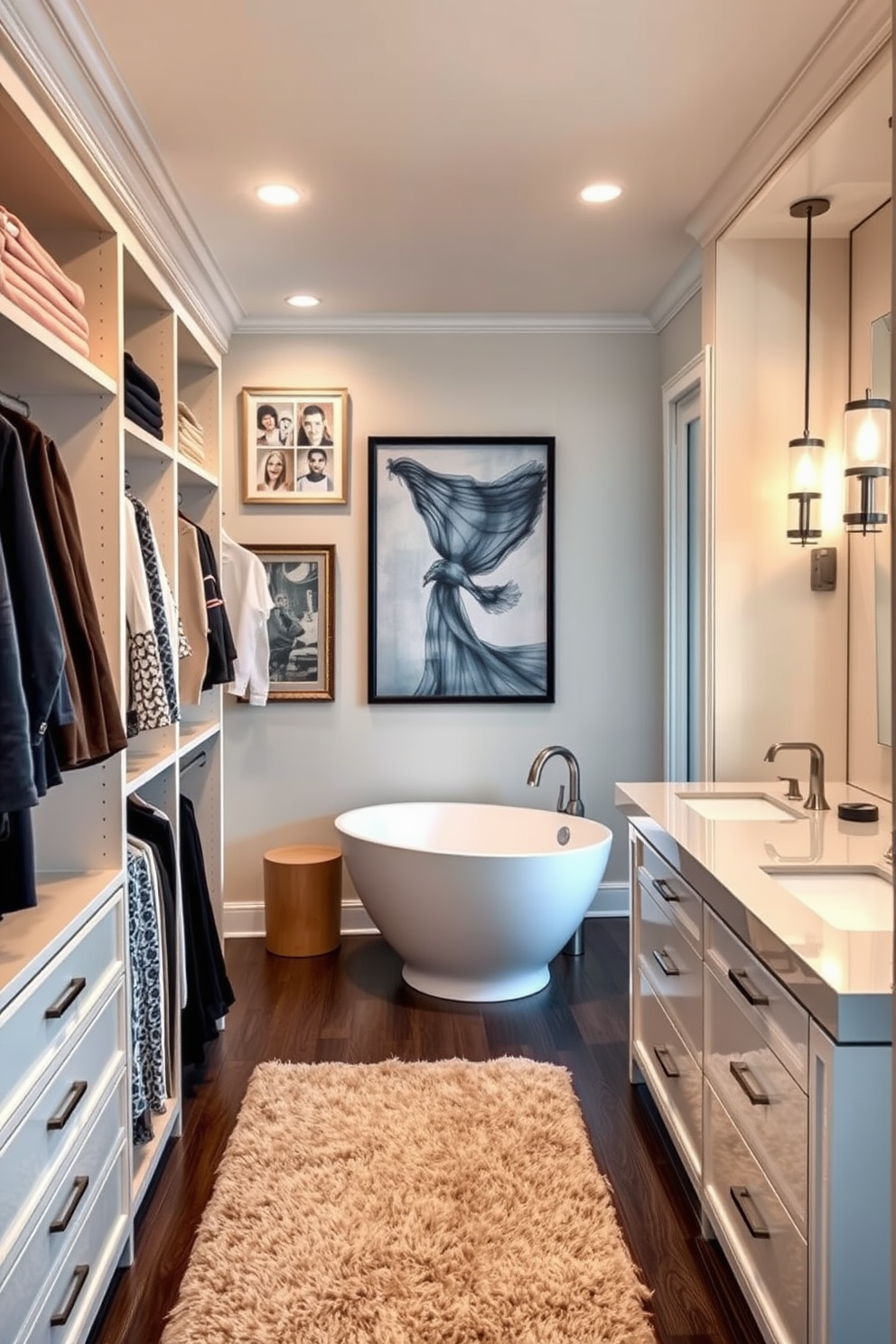 A compact urban living space features a stylish walk-in closet seamlessly integrated with a modern bathroom. The closet is lined with sleek cabinetry, providing ample storage, while the bathroom showcases a glass-enclosed shower and a minimalist vanity with a vessel sink.