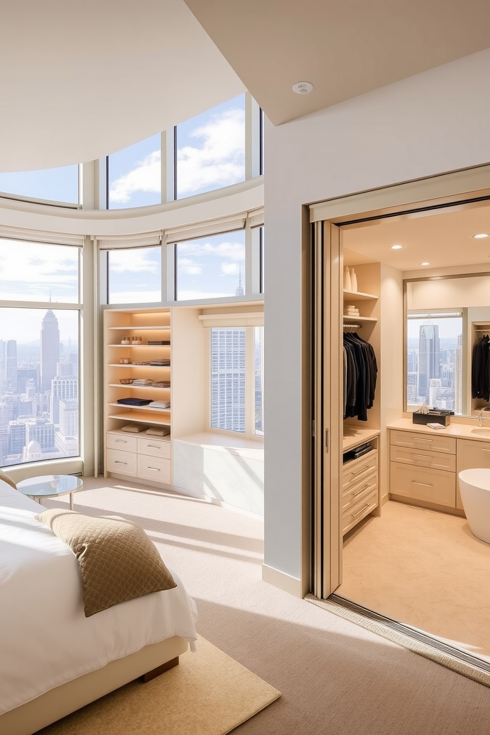 A luxurious bedroom featuring floor-to-ceiling windows that offer breathtaking views of the city skyline. The natural light floods the room, highlighting the elegant furnishings and soft color palette. Adjacent to the bedroom, a spacious walk-in closet showcases organized shelves and hanging spaces with ample lighting. The closet seamlessly transitions into a beautifully designed bathroom that includes a soaking tub and a stylish double vanity.