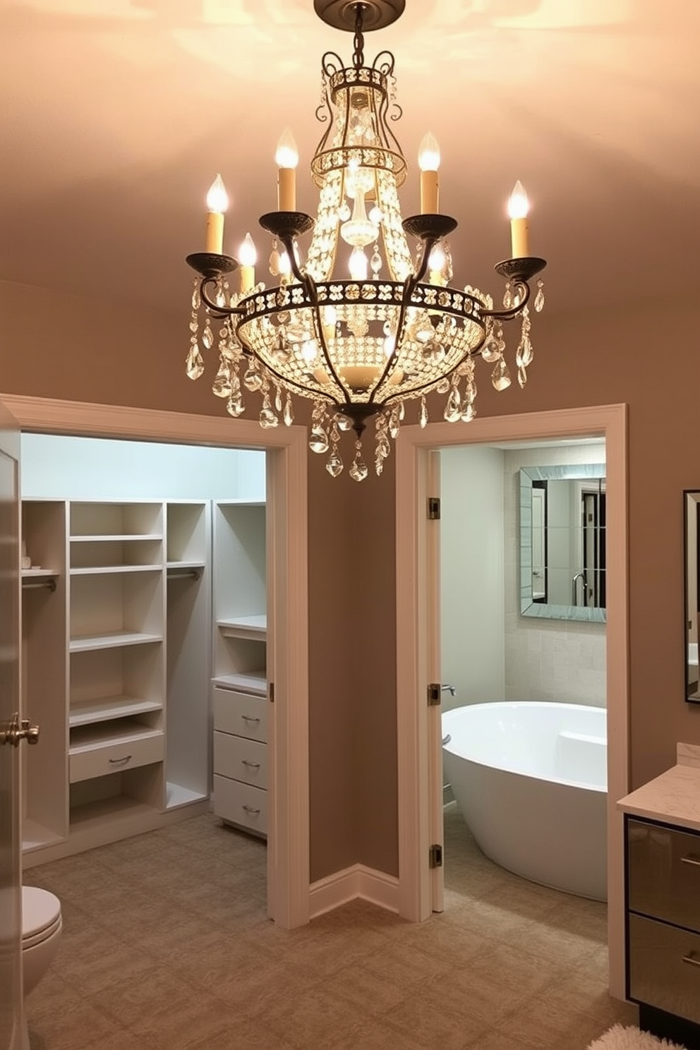 An elegant chandelier hangs majestically from the ceiling, casting a warm glow over the space. The intricate design of the chandelier adds a touch of luxury, making it the focal point of the room. The walk-in closet features custom shelving and plush carpeting, creating an inviting atmosphere. Adjacent to the closet, the bathroom boasts a sleek soaking tub and modern fixtures, seamlessly blending style and functionality.