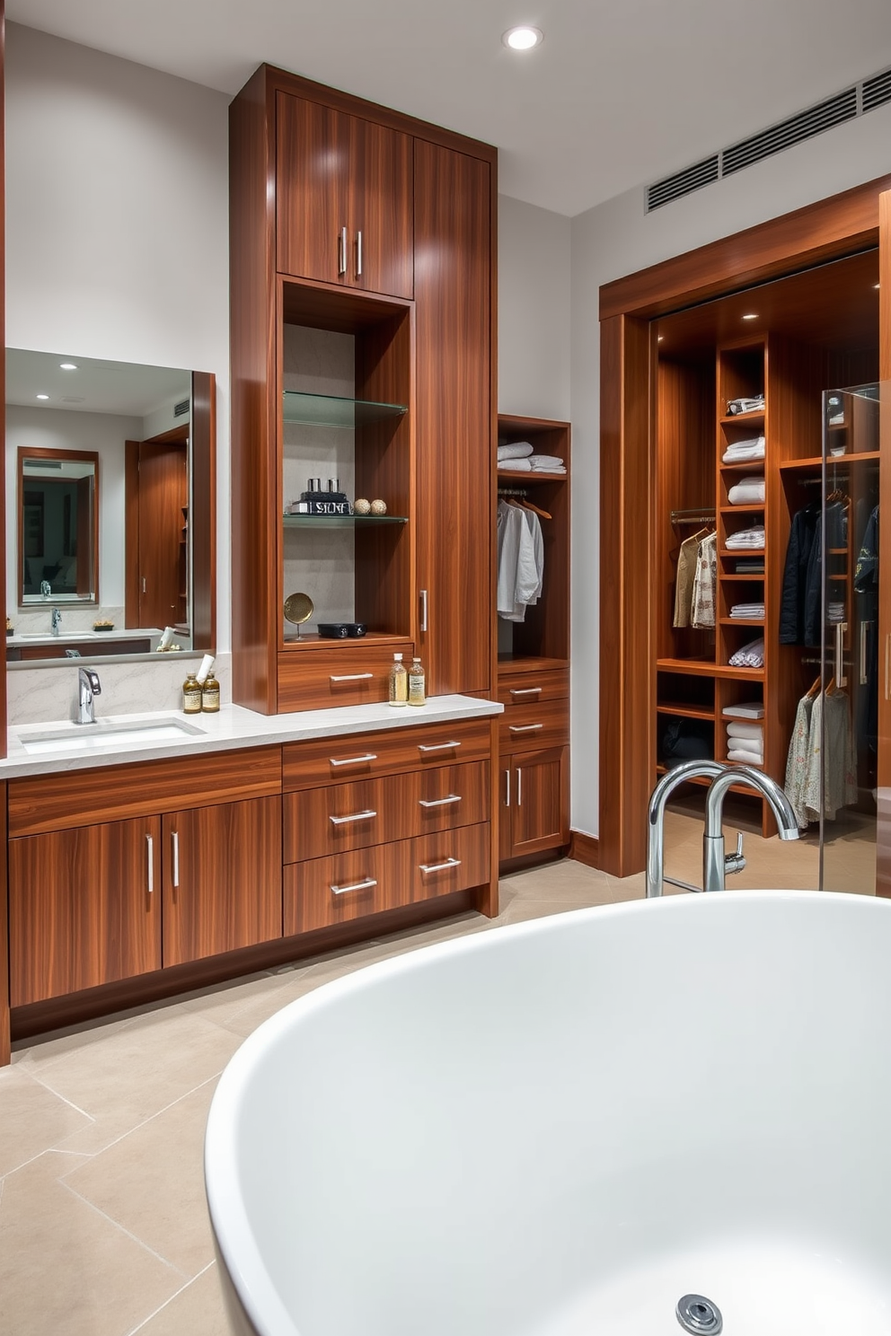 A luxurious walk-in closet seamlessly connects to both the bedroom and the bathroom, featuring custom cabinetry with ample storage space. Soft lighting illuminates the area, highlighting a plush seating nook and a full-length mirror that enhances the sense of space. The bathroom area boasts a freestanding soaking tub positioned beneath a large window, allowing natural light to flood the room. Elegant marble tiles line the walls and floor, while a chic chandelier adds a touch of sophistication to the design.