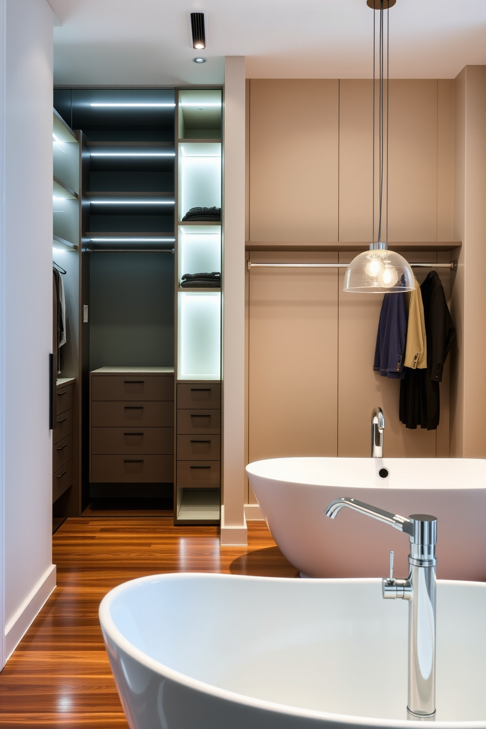 A luxurious walk-in closet featuring integrated lighting that highlights the sleek shelving and hanging spaces. The walls are adorned with soft beige tones, while the flooring consists of polished hardwood that adds warmth to the space. Adjacent to the closet, a beautifully designed bathroom showcases a freestanding soaking tub with a modern faucet. Elegant pendant lights hang above the tub, creating a serene ambiance perfect for relaxation.