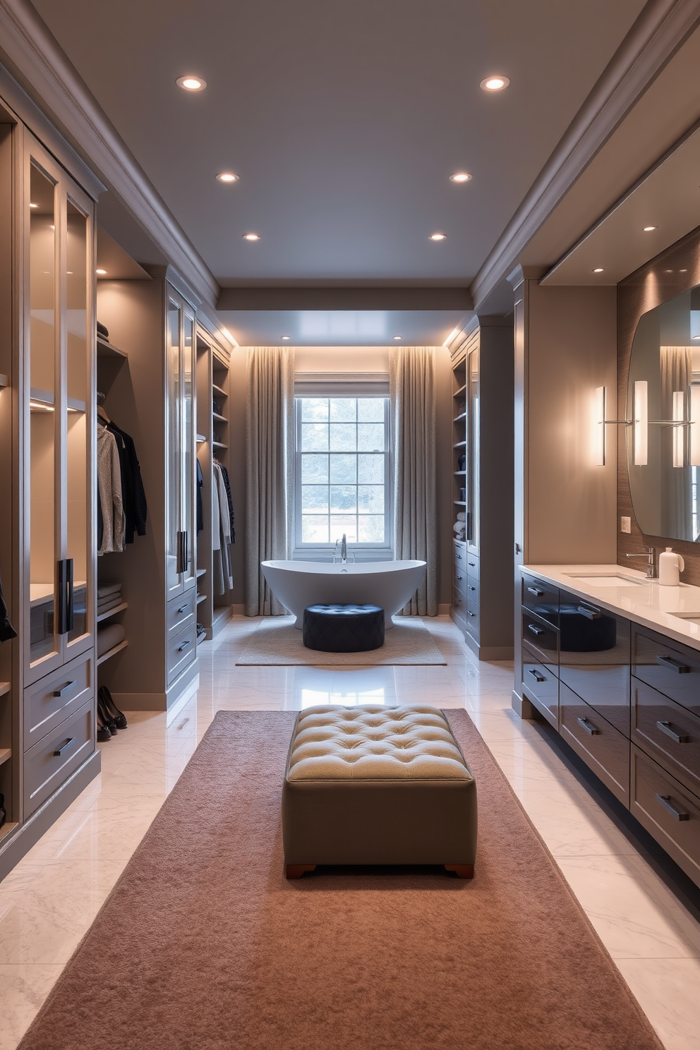 A luxurious walk-in closet featuring mirrored walls that create an illusion of expanded space. The closet is adorned with elegant shelving and hanging options, complemented by soft ambient lighting. Adjacent to the walk-in closet is a beautifully designed bathroom with a freestanding soaking tub centered under a large window. The space includes a double vanity with sleek fixtures and a spacious shower enclosed in glass.