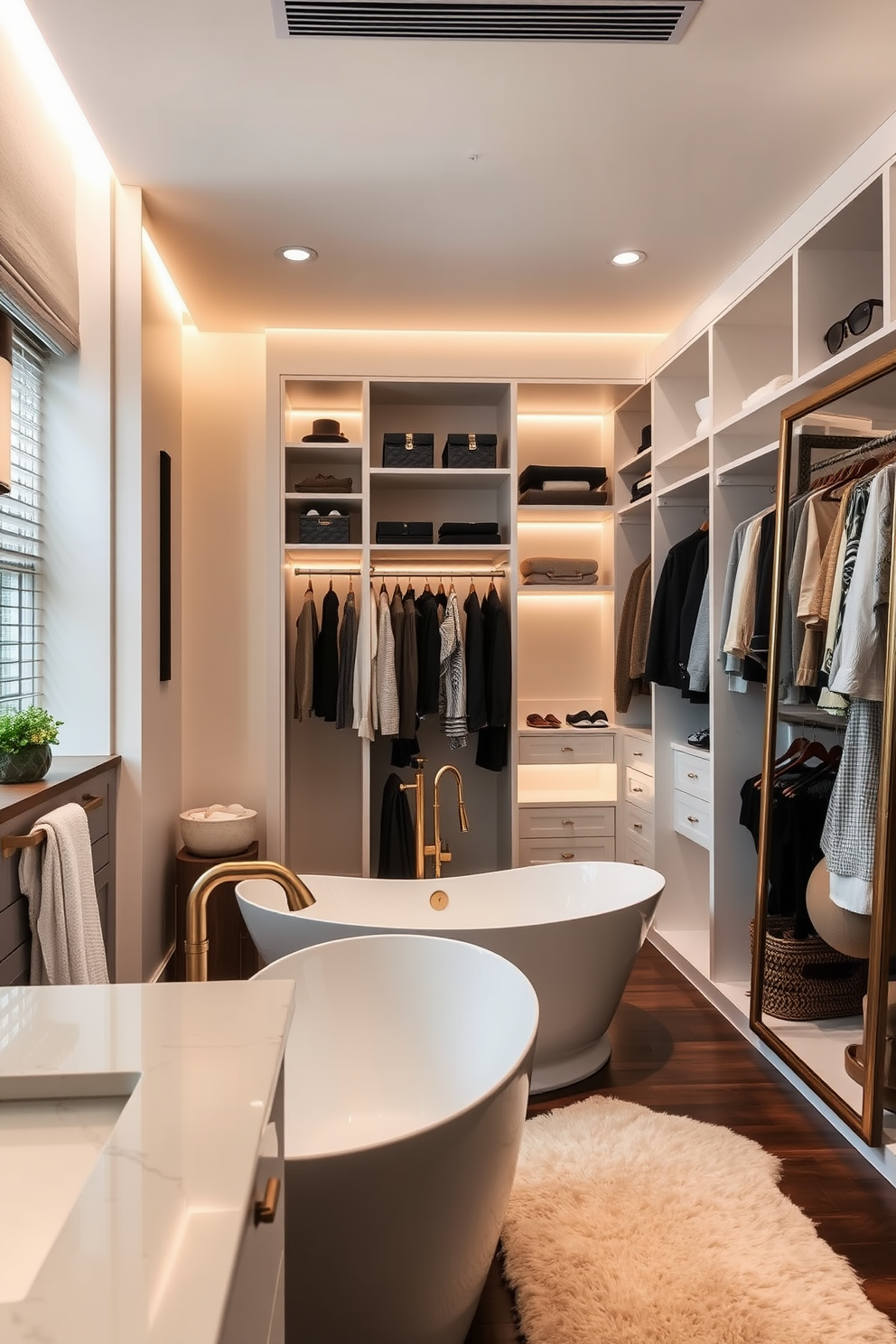 An elegant freestanding bathtub is positioned as the centerpiece of a serene bathroom. It features a sleek design with a brushed gold faucet and is surrounded by soft, ambient lighting that enhances the tranquil atmosphere. The walk-in closet is designed with custom shelving and hanging spaces, providing ample storage for clothing and accessories. A plush area rug adds warmth to the space, while a full-length mirror reflects the stylish organization of the closet.