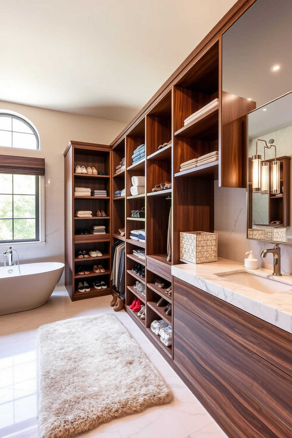 A spacious walk-in closet featuring custom shelving made of rich walnut wood for optimal organization. The shelves are designed to hold shoes, accessories, and folded clothing, while a plush area rug adds warmth to the space. Adjacent to the closet is a luxurious bathroom with a freestanding soaking tub placed under a large window. Elegant marble tiles line the walls and floor, complemented by a double vanity with stylish lighting fixtures above.