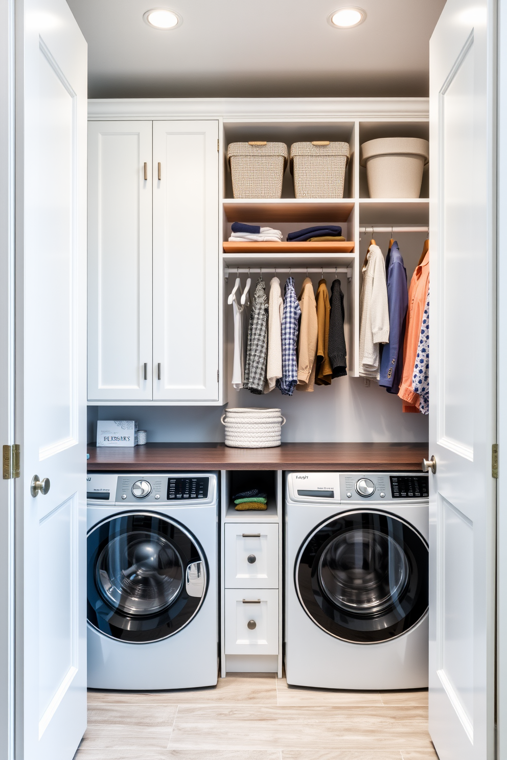 Cozy laundry nook tucked away in a spacious closet. The area features a compact washer and dryer stacked vertically, surrounded by open shelving for storage. Soft lighting illuminates the space, creating a warm and inviting atmosphere. A small countertop provides a space for folding clothes, complemented by decorative baskets for organization.