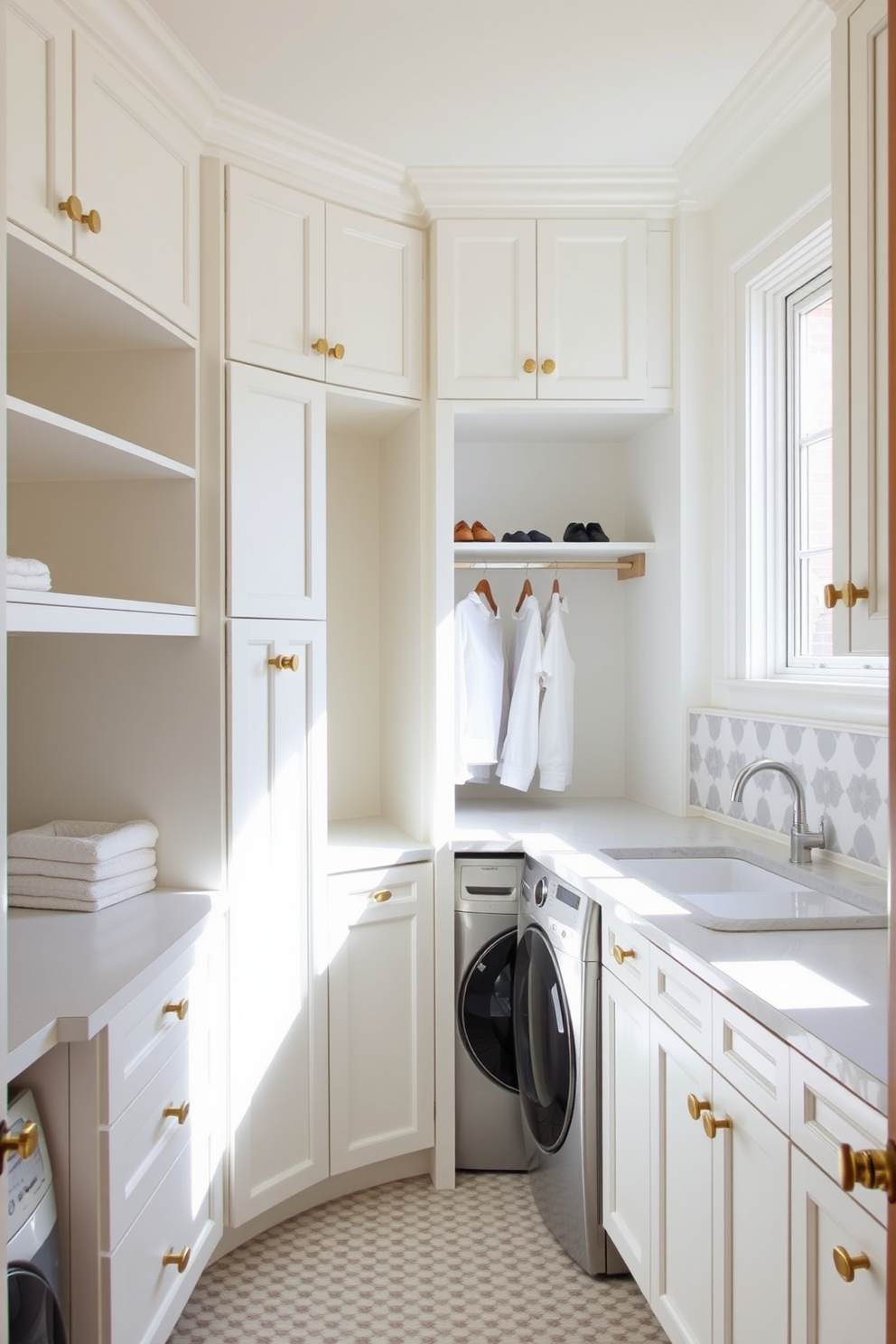 A bright and airy laundry room features decorative tile accents in a geometric pattern on the backsplash. The cabinetry is a soft white, complemented by brass hardware, and a large window allows natural light to flood the space. The walk-in closet is designed with built-in shelving and hanging space, creating an organized and functional area. A small laundry station is integrated into one corner, complete with a countertop for folding and a stacked washer and dryer for convenience.