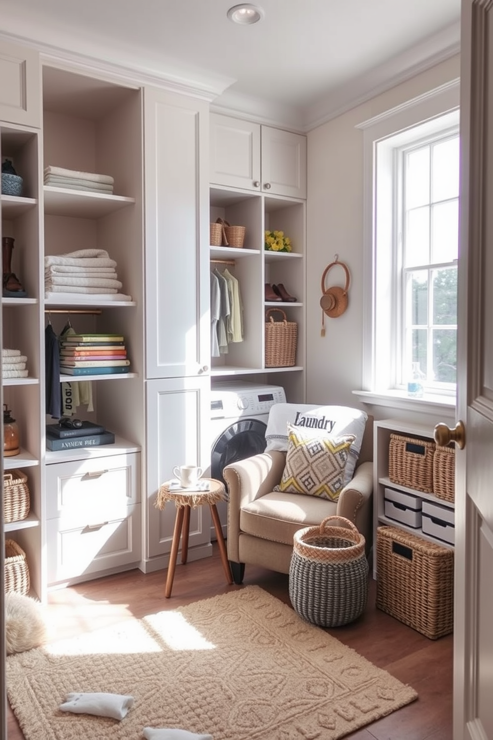 Cozy reading nook next to laundry area. A plush armchair is positioned beside a large window, bathed in natural light, with a small side table holding a stack of books and a steaming cup of tea. Walk-In-Closet with Laundry Design Ideas. The closet features built-in shelving and hanging space, with a compact washer and dryer tucked neatly into one corner, surrounded by organized storage baskets and a soft area rug underfoot.