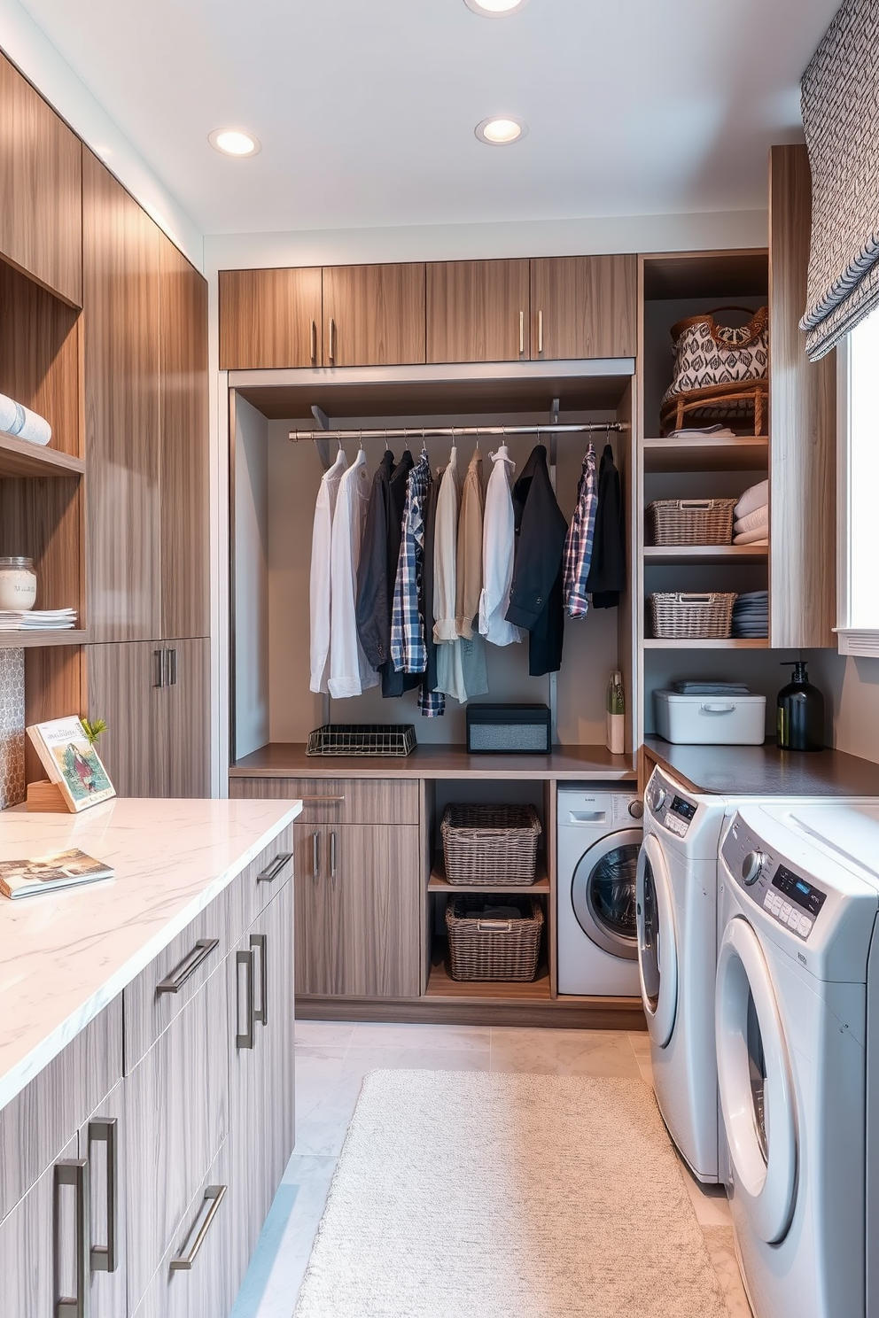 A walk-in closet featuring a modern laundry area with colorful accents to brighten the space. The walls are painted in a soft white, while vibrant storage bins and hangers in shades of teal and coral add pops of color throughout the room. The laundry area includes a sleek washer and dryer stacked with a wooden countertop for folding clothes. Built-in shelving on one side showcases neatly organized accessories and shoes, creating a functional yet stylish design.