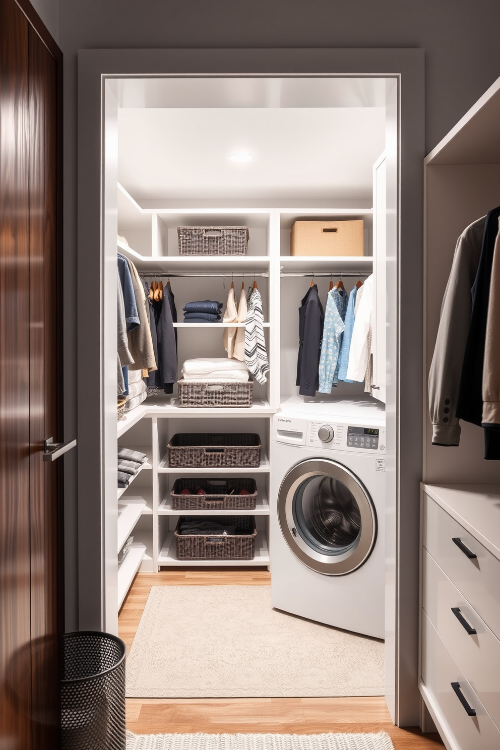 A modern walk-in closet featuring sliding doors that maximize space while providing easy access. The design includes built-in shelving and drawers for organized storage, with a designated laundry area seamlessly integrated into the layout.