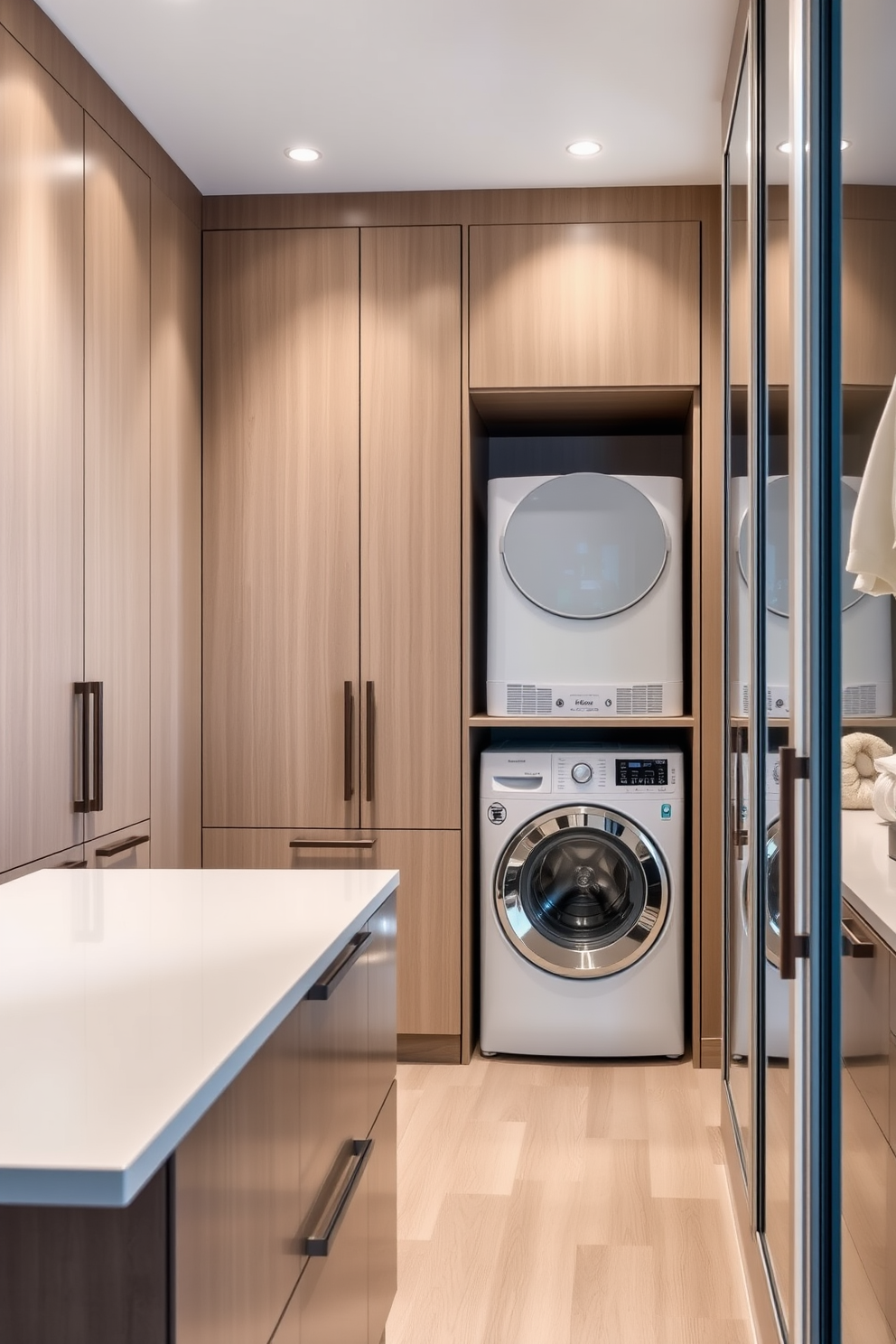 A modern laundry chute seamlessly integrates into the design, providing convenient access from various levels of the home. The chute is crafted from sleek stainless steel, leading directly to a spacious laundry room. The walk-in closet features an innovative laundry design, including built-in hampers for easy sorting. Soft LED lighting illuminates the space, highlighting custom shelving and elegant hanging options for clothing.