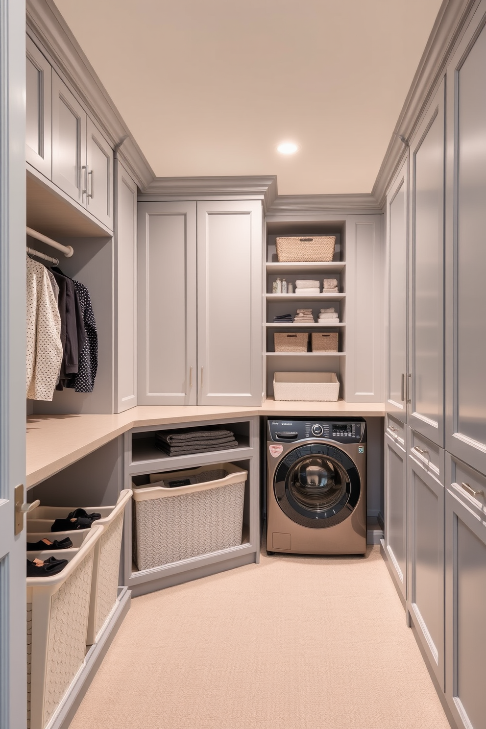 A stylish laundry closet featuring built-in hampers for organized sorting of clothes. The space is adorned with light gray cabinetry and a countertop for folding laundry, complemented by a soft overhead light. A spacious walk-in closet designed with elegant storage solutions and laundry features. The area includes a dedicated section for a washer and dryer, with shelving for detergent and fabric softeners, all in a soothing neutral palette.