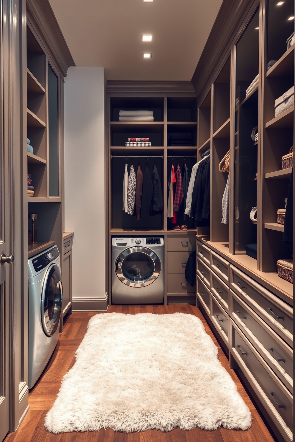 An elegant walk-in closet features a spacious layout with custom shelving and hanging space for clothing. A dedicated laundry station is seamlessly integrated, complete with a washer and dryer hidden behind cabinetry, ensuring a tidy appearance. The walls are adorned with soft, neutral tones to create a calming atmosphere. A plush area rug lies underfoot, while stylish lighting fixtures illuminate the space, enhancing its sophistication.