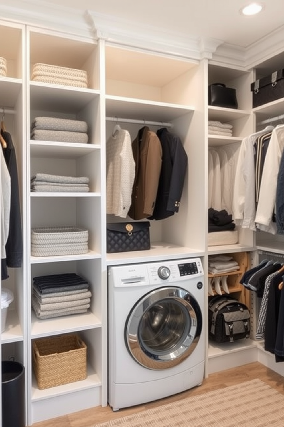 A spacious walk-in closet features mirrored doors that reflect natural light, creating an airy and open atmosphere. The design includes built-in shelving and hanging space, providing ample storage while maintaining a sleek aesthetic. Adjacent to the closet, a dedicated laundry area is seamlessly integrated with stylish cabinetry and a countertop for folding clothes. The space is designed for efficiency, with modern appliances tucked away to keep the area clutter-free and visually appealing.