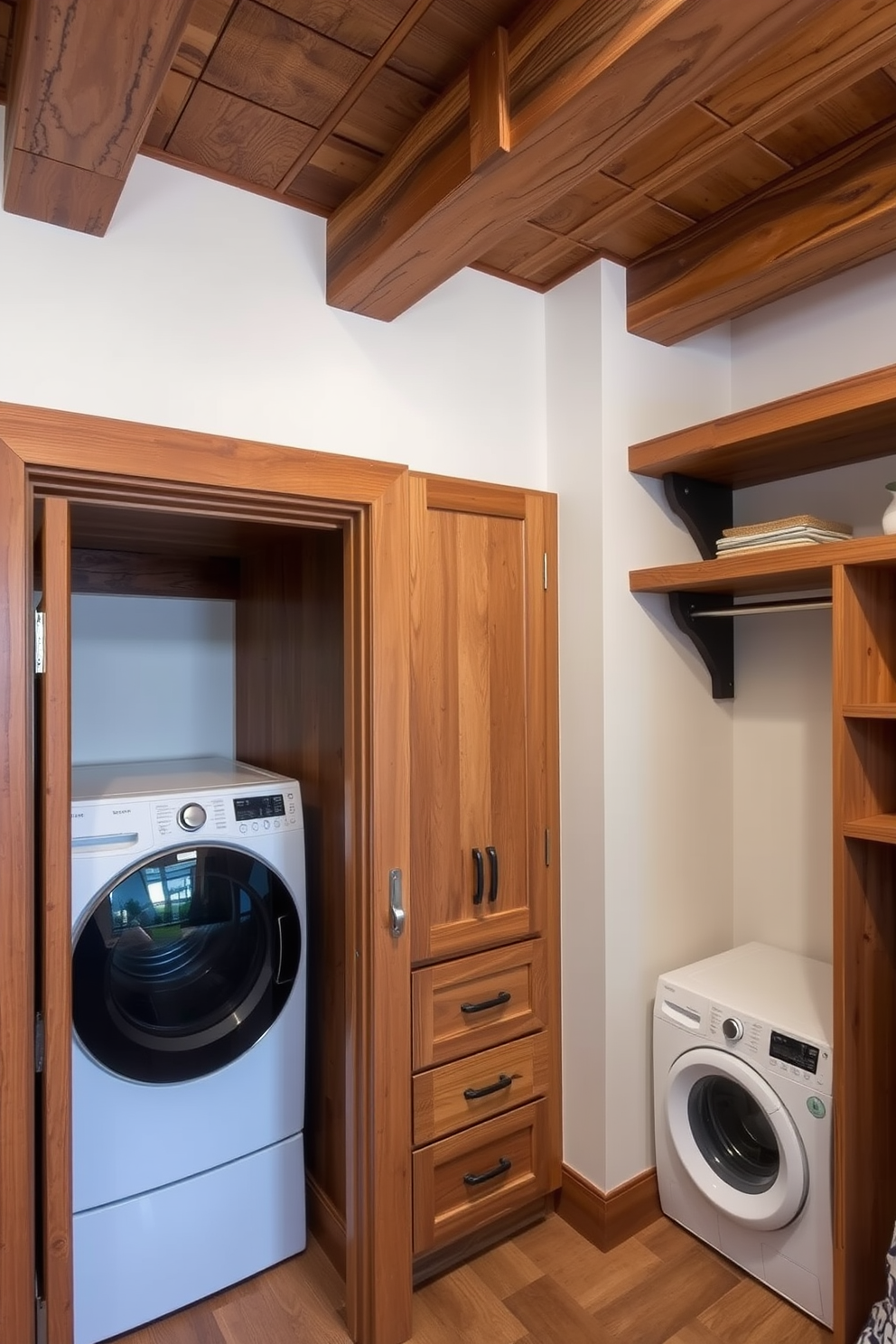 Rustic charm with wooden accents. The space features exposed wooden beams on the ceiling and reclaimed wood shelves, creating a warm and inviting atmosphere. Walk-In-Closet with Laundry Design Ideas. The closet includes built-in wooden cabinetry for storage, with a dedicated laundry area that features a stacked washer and dryer for convenience.