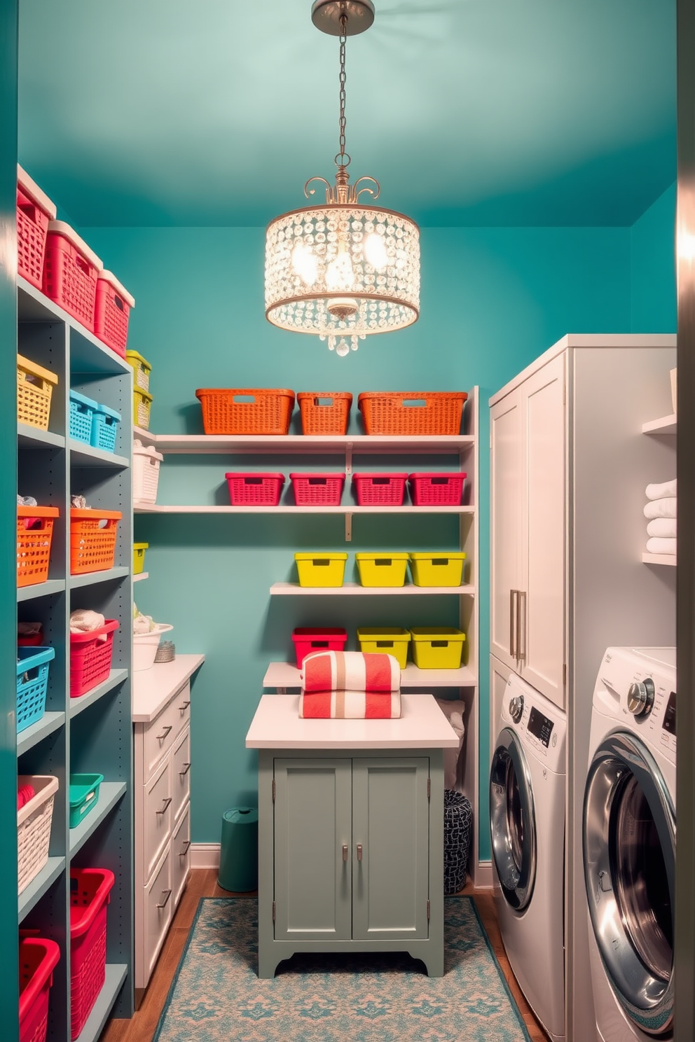 Colorful decor to brighten laundry area. The walls are painted in a vibrant turquoise, and shelves are adorned with neatly arranged baskets in various bright colors. Walk-In-Closet with Laundry Design Ideas. The closet features a combination of open shelving and closed cabinetry, with a stylish folding station in the center and a chic chandelier illuminating the space.