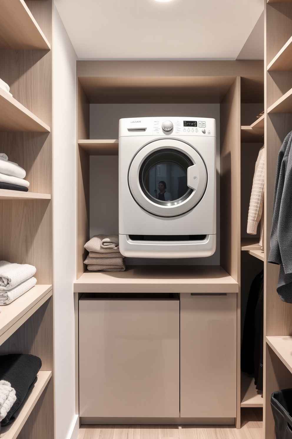 A stylish hidden washer and dryer setup is seamlessly integrated into the cabinetry of a modern laundry room. The design features sleek white cabinets with minimalist handles, providing ample storage space while maintaining a clean aesthetic. The walk-in closet boasts a laundry design that maximizes functionality and style. Elegant shelving and hanging spaces are complemented by a small, discreet area for the washer and dryer, ensuring that everything is organized and easily accessible.