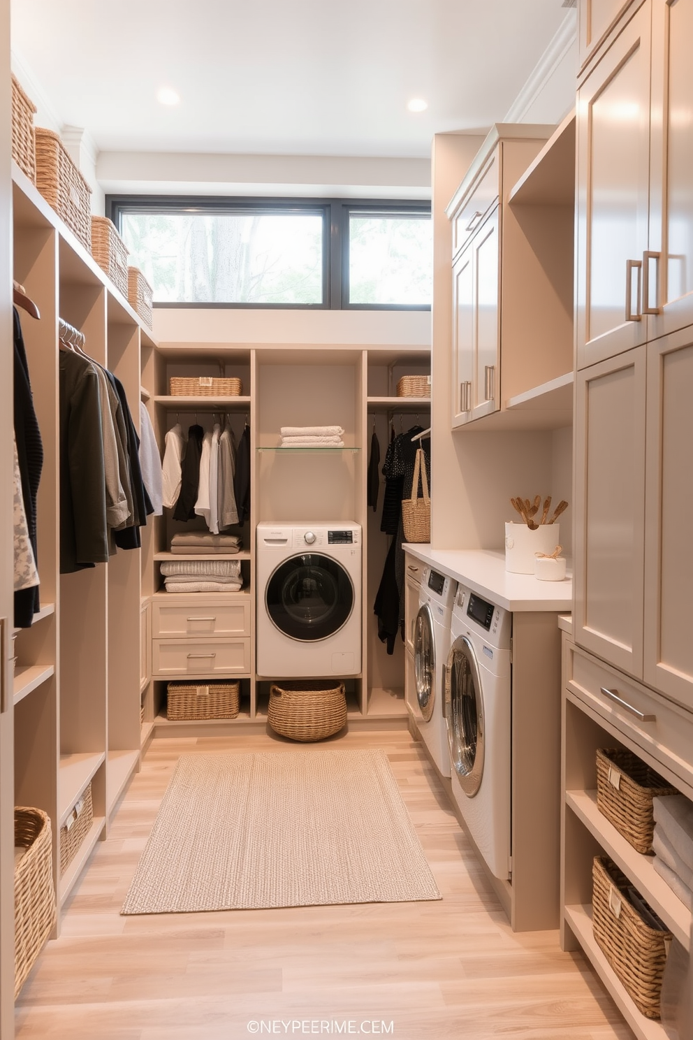 A contemporary walk-in closet designed with smart technology for modern convenience. The space features automated lighting that adjusts based on movement and a built-in sound system for an enhanced experience. The closet is equipped with a sleek laundry area that includes a stacked washer and dryer seamlessly integrated into the cabinetry. Ample shelving and hanging space are provided, all designed with a minimalist aesthetic in mind.