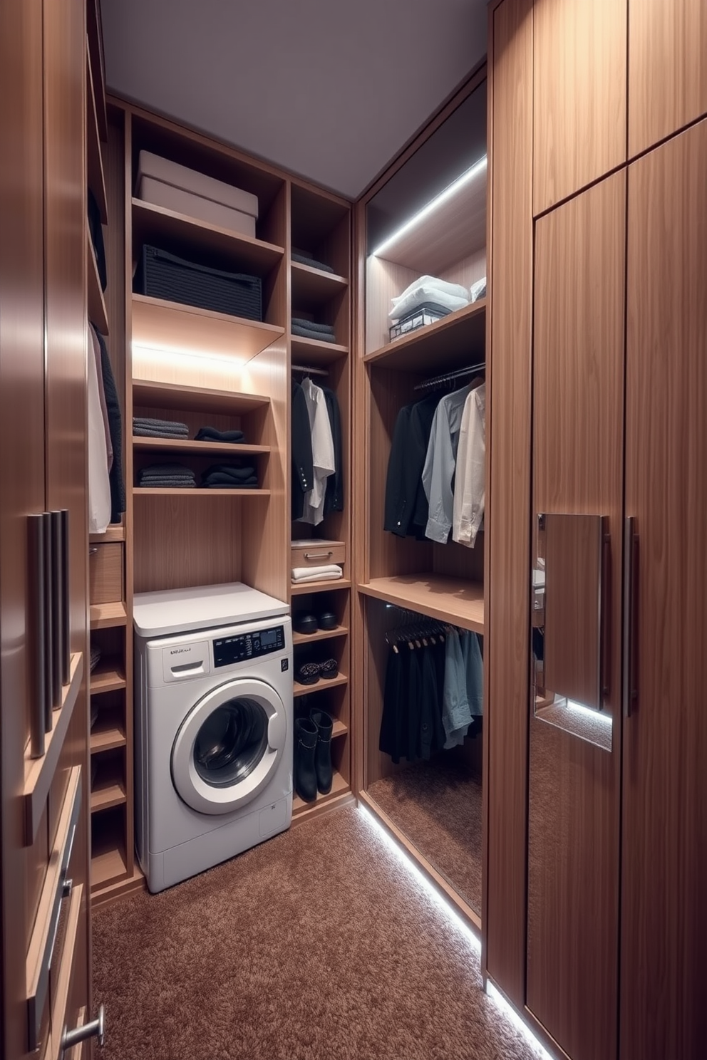 A spacious walk-in closet featuring modern appliances seamlessly integrated into the design. There is a sleek washer and dryer tucked away behind elegant cabinetry, maximizing both functionality and style. The closet is illuminated by soft LED lighting, highlighting the organized shelving and hanging spaces. Plush carpeting underfoot adds a touch of luxury, while a full-length mirror enhances the sense of space and sophistication.