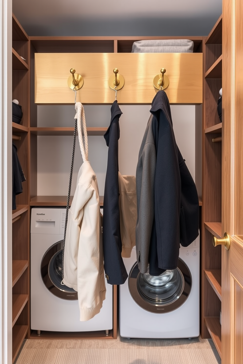 Stylish hooks for hanging garments. The hooks are made of brushed brass and are mounted on a sleek wooden board, providing a modern touch to the entryway. Walk-In-Closet with Laundry Design Ideas. The closet features built-in shelving and a dedicated laundry area with a compact washer and dryer, seamlessly integrated into the elegant design.